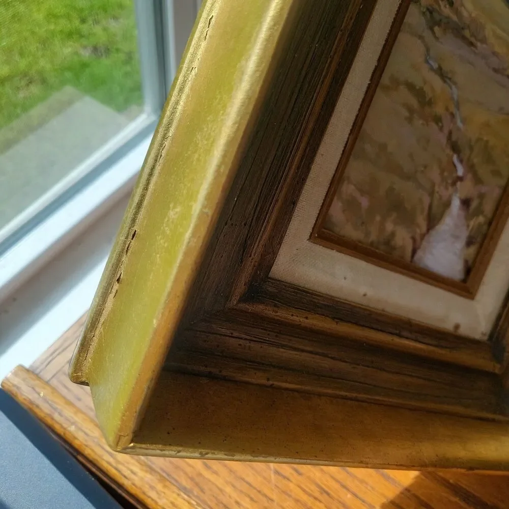 Vtg Multi Tiered gilded picture art frame Linen Matting Landscape print on Board